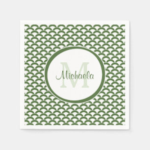 Serviette En Papier Vert moderne et le blanc crante le monogramme et