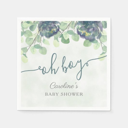 Serviette En Papier Vert moderne Oh Boy Blue Baby shower Floral (Devant)