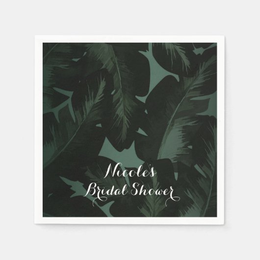 Serviette En Papier Vert & Noir Chic Feuille Mariage Tropical (Devant)