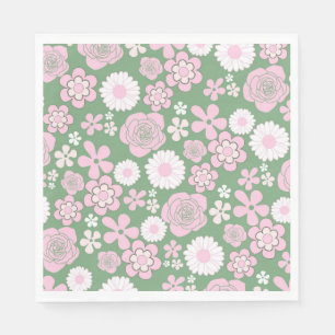 Serviette En Papier Vert rose blanc rétro Y2K les années 70 Fleur Moti