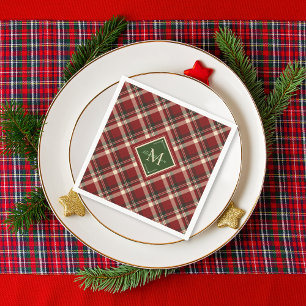 Serviette En Papier Vert Rouge Carreaux Monogramme Noël Rustique Fêtes