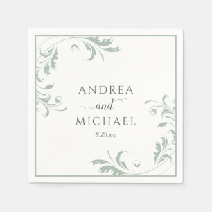 Serviette En Papier Vert Sage clair Mariage Élégant Luxe Flourdissant