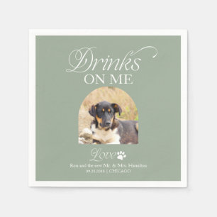 Serviette En Papier Vert Sauge Minimaliste Photo de Chien Mariage
