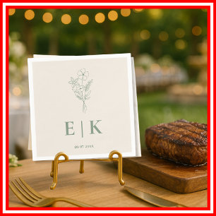 Serviette En Papier Vert Sauge Monogramme   Fleur Sauvage