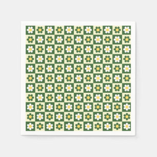 Serviette En Papier Vert sauge rétro et damier de marguerite crème
