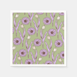 Serviette En Papier Vert violet rétro Y2K Funky Hippie Flower Motif