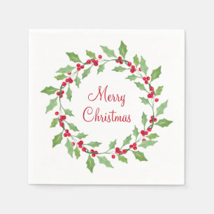 Serviette En Papier Verte Aquarelle Holly Wreath