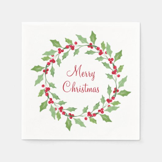 Serviette En Papier Verte Aquarelle Holly Wreath (Devant)