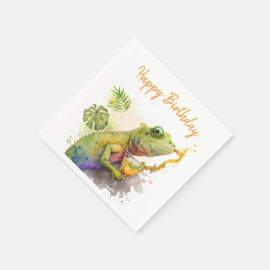 Serviette En Papier Vibes d'été Aquarelle Chameleon - Joyeux anniversa (Coin)