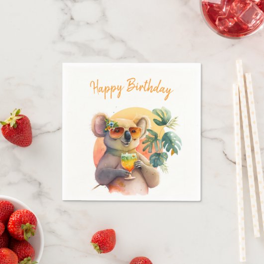 Serviette En Papier Vibes d'été aquarelle Koala - Joyeux anniversaire (En situation)
