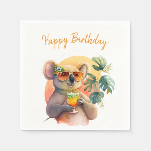 Serviette En Papier Vibes d'été aquarelle Koala - Joyeux anniversaire (Devant)