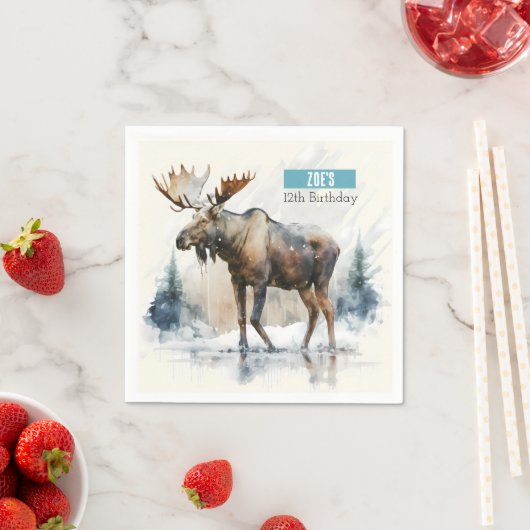 Serviette En Papier Vibes d'hiver Aquarelle Moose - fête d'anniversair (En situation)