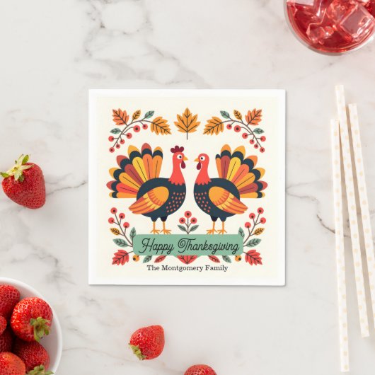 Serviette En Papier Vibrant Art Folk Turkeys Fall Feuilles Thanksgivin (En situation)