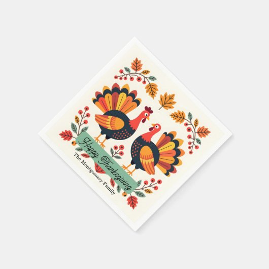 Serviette En Papier Vibrant Art Folk Turkeys Fall Feuilles Thanksgivin (Coin)
