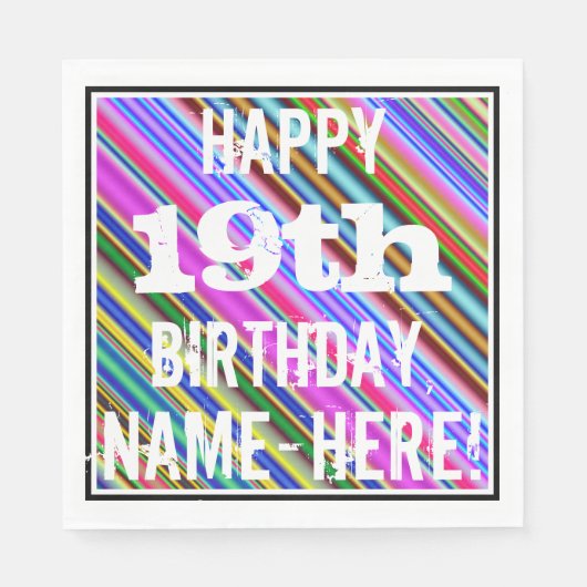 Serviette En Papier Vibrant, coloré 19ème anniversaire + Nom personnal (Devant)
