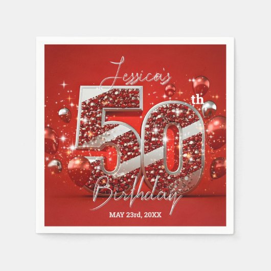 Serviette En Papier Vibrant Glittery Ruby Rouge et argent 50e annivers (Devant)