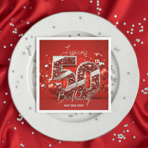 Serviette En Papier Vibrant Glittery Ruby Rouge et argent 50e annivers