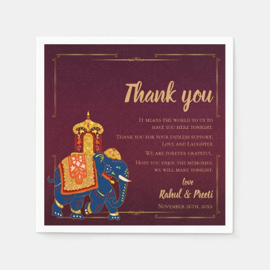 Serviette En Papier Vibrant Red Gold Mariage Indien Merci Message (Devant)