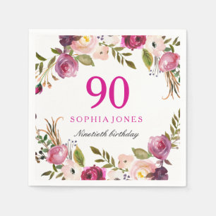 Serviette En Papier Vibrant rose botanique floral 90e anniversaireFête