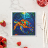 Serviette En Papier Vibrant Stained Glass Sea Turtle Ocean Design (En situation)