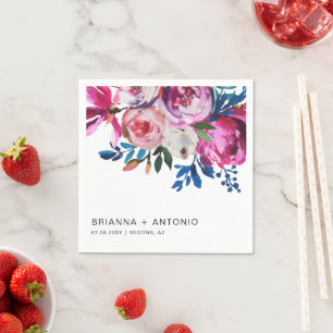 Serviette En Papier Vibrant Turquoise rose rose floral moderne Mariage