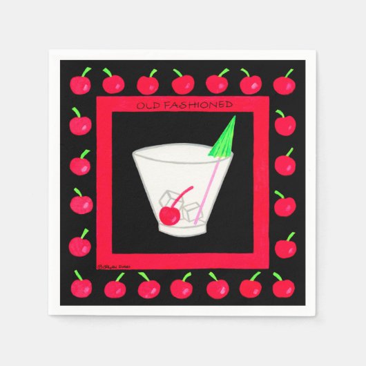 Serviette En Papier Vieux style rétro Boire Cerises rouges sur Noir (Devant)