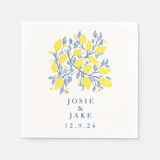 Serviette En Papier Vignes bleu et jaune citron mariage (Devant)