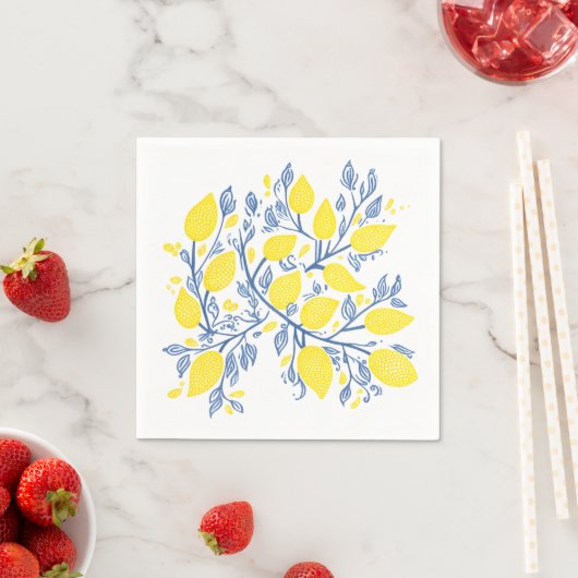 Serviette En Papier Vignes de citron bleu et jaune, jolies et délicate (En situation)