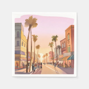Serviette En Papier Ville côtière au coucher du soleil   Aquarelle côt