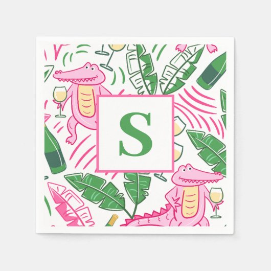 Serviette En Papier Vin Alligator Pink vert Monogramme (Devant)