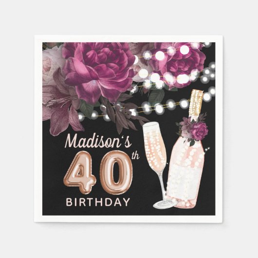 Serviette En Papier Vin noir Luxe 40e anniversaire Personnalisé (Devant)