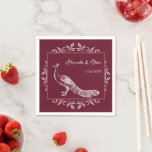 Serviette En Papier Vin Peacock Fête des mariées fleurie serviettes<br><div class="desc">Personnalisez une serviette unique pour vos invités de mariage ou de douche nuptiale avec un ensemble de serviettes de Fête des mariées de vin Peacock Flourish. Le design Napkin comprend un élégant paon orné de fleurs. Personnalisez avec les noms du marié et de la mariée avec la date du mariage....</div>