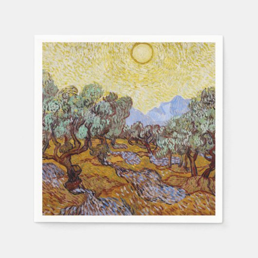 Serviette En Papier Vincent van Gogh - Oliviers, Ciel Jaune et Soleil (Devant)