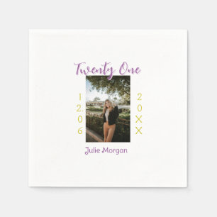 Serviette En Papier vingt et un ans photo anniversaire rose violet fil