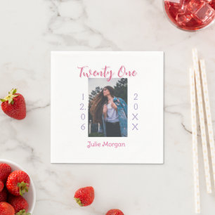 Serviette En Papier vingt et un ans photo anniversaire rose violet fil