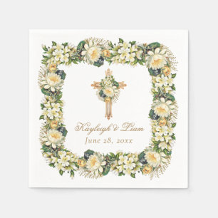 Serviette En Papier Vintage Blanc Floral Croix Mariage chrétien
