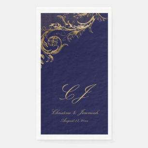 Serviette En Papier Vintage Blue Gold Floral Damask Script Mariage