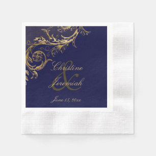 Serviette En Papier Vintage Blue Gold Floral Damask Script Mariage