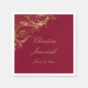 Serviette En Papier Vintage Burgundy Gold Floral Damask Script Mariage