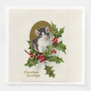 Serviette En Papier Vintage Christmas Kitten Blanc