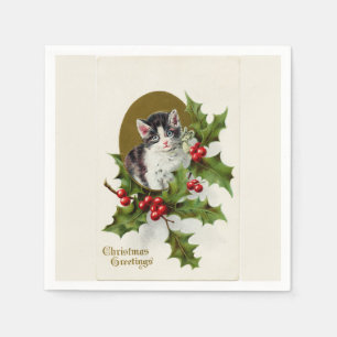 Serviette En Papier Vintage Christmas Kitten Blanc