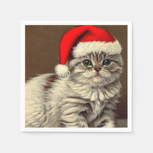 Serviette En Papier Vintage Christmas Kitty portant le chapeau de Sant
