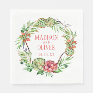 Serviette En Papier Vintage Floral Vert & Rose Succulent   MARIAGE