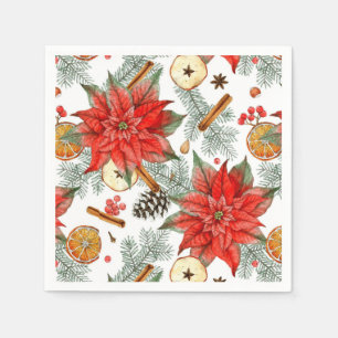 Serviette En Papier Vintage Joyeux Noël Aquarelle Poinsettia Rouge
