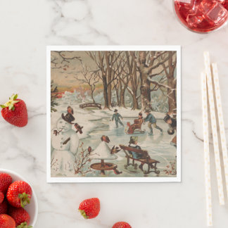 Serviette En Papier Vintage Noël scène patinage sur glace