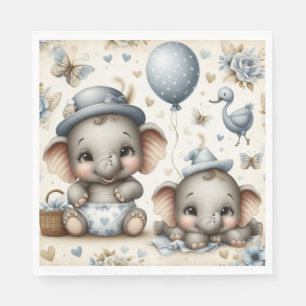 SERVIETTE EN PAPIER VINTAGE PASTEL BLUE & TAN BABY ELEPHANT TWINS