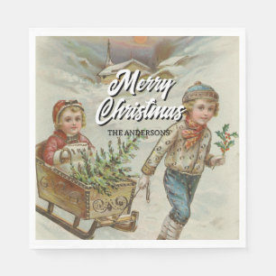 Serviette En Papier Vintage Sleigh Ride Arbre de Noël Naples
