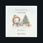 Serviette En Papier Vintage Snowman Blue Christmas Boy Baby shower<br><div class="desc">Mignons serviettes en papier baby shower de Noël avec un bonhomme de neige adorable,  sapin de Noël avec des cadeaux et de la neige en bleu,  avec des vibes vintages. Personnaliser facilement le texte - Kate Eden Art</div>