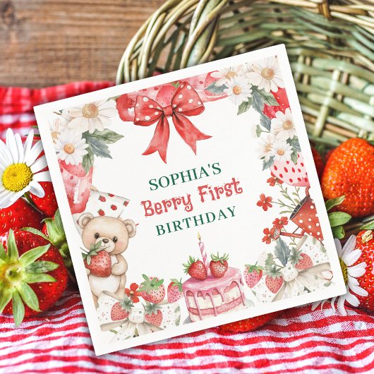Serviette En Papier Vintage Strawberry Berry First Birthday 