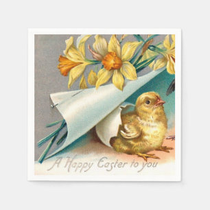Serviette En Papier Vintages poussins aux fleurs jaunes Salutation de